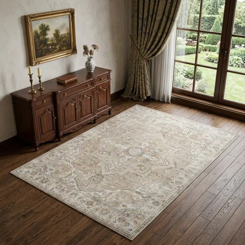 Beige Oriental Power Loom Washable Area Rug Photo 1