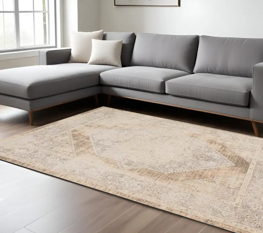 Beige Oriental Power Loom Washable Area Rug Photo 1