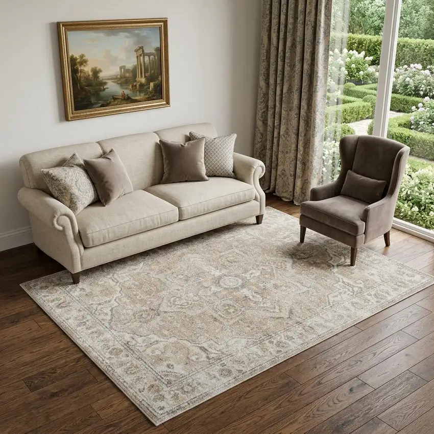 Beige Oriental Power Loom Washable Area Rug Photo 1