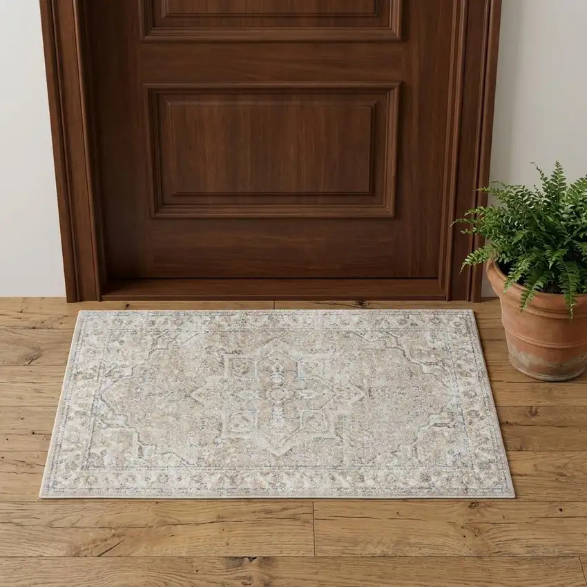 Beige Oriental Power Loom Washable Area Rug Photo 1