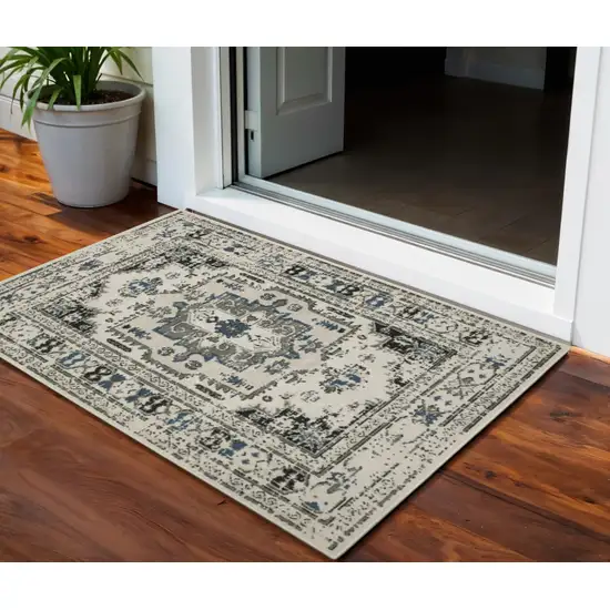 Blue and Beige Oriental Stain Resistant Indoor Outdoor Area Rug Photo 1