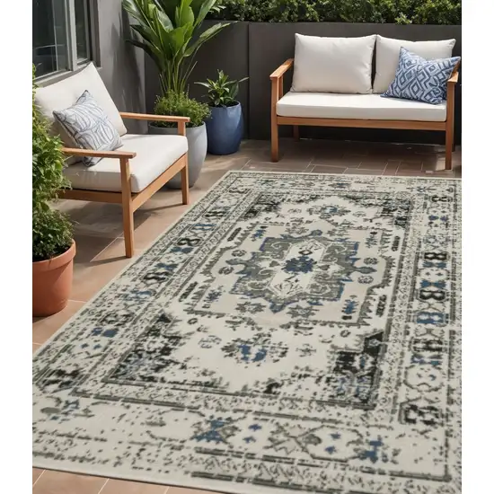 Blue and Beige Oriental Stain Resistant Indoor Outdoor Area Rug Photo 1