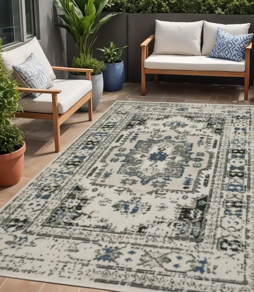 Blue and Beige Oriental Stain Resistant Indoor Outdoor Area Rug Photo 1