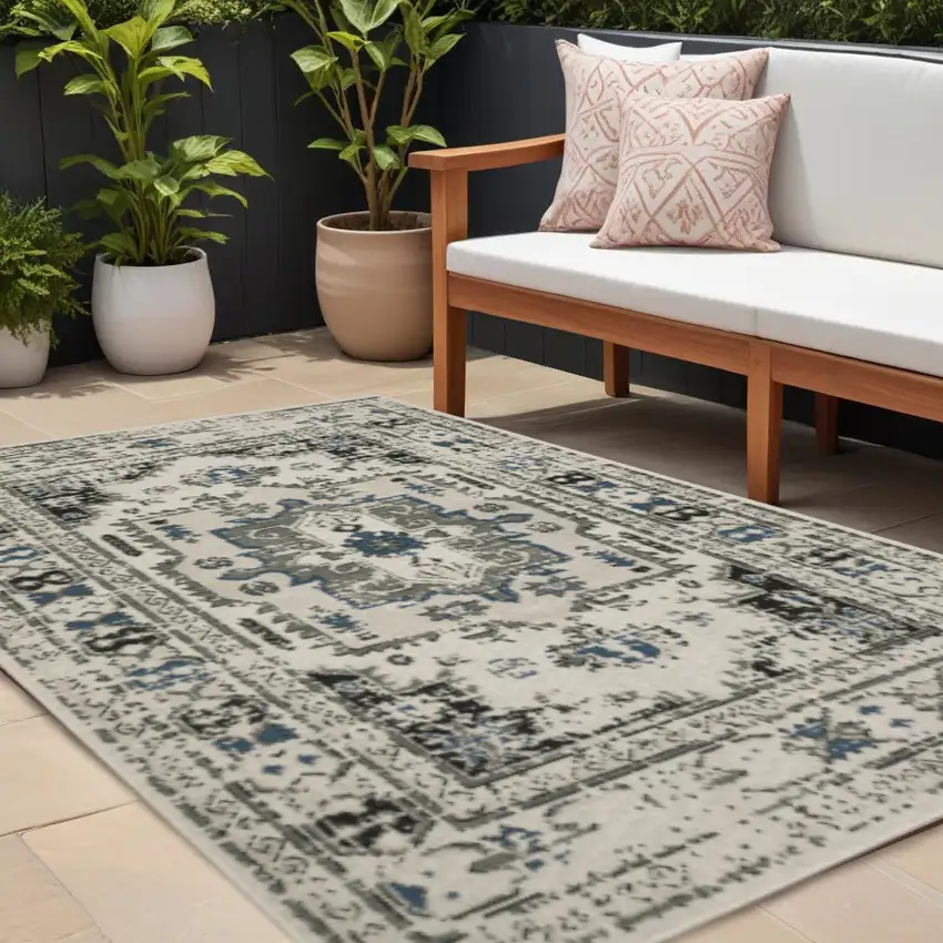 Blue and Beige Oriental Stain Resistant Indoor Outdoor Area Rug Photo 1