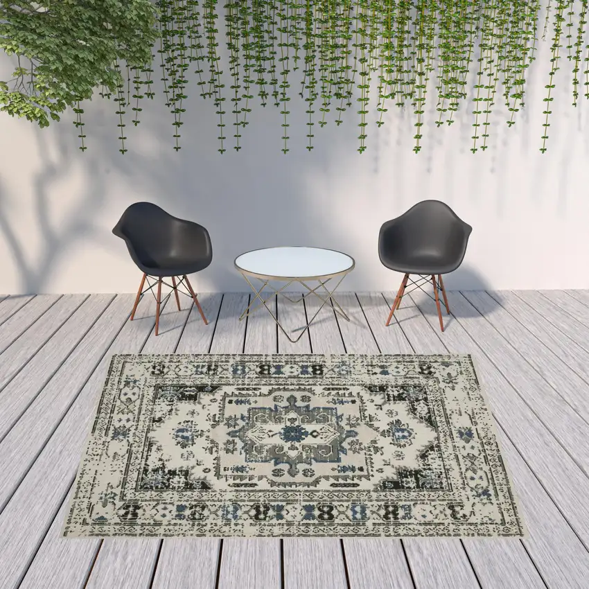 Beige Oriental Stain Resistant Indoor Outdoor Area Rug Photo 2