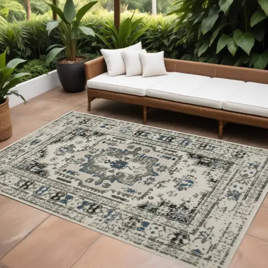 Blue and Beige Oriental Stain Resistant Indoor Outdoor Area Rug Photo 1