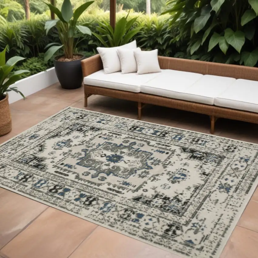 Blue and Beige Oriental Stain Resistant Indoor Outdoor Area Rug Photo 1