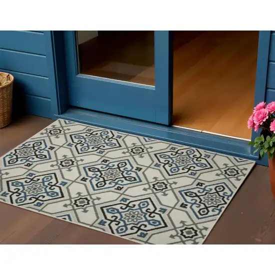Blue and Beige Oriental Stain Resistant Indoor Outdoor Area Rug Photo 1