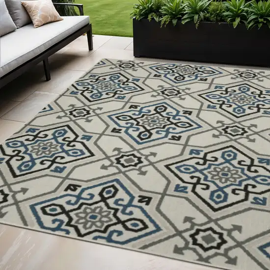 Blue and Beige Oriental Stain Resistant Indoor Outdoor Area Rug Photo 1