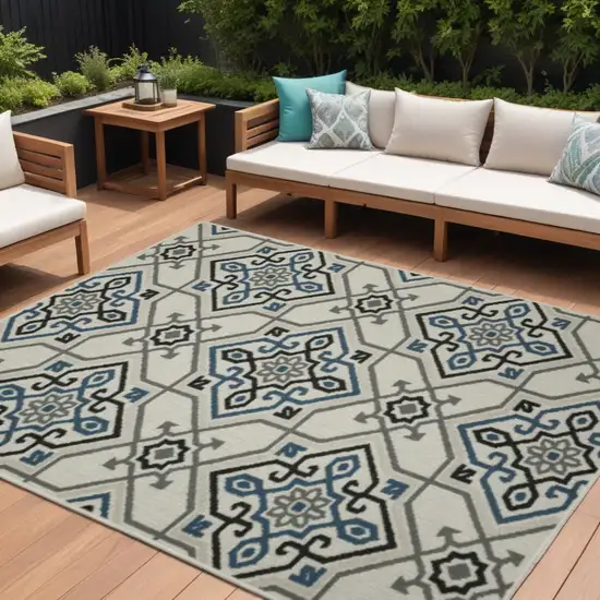 Blue and Beige Oriental Stain Resistant Indoor Outdoor Area Rug Photo 1