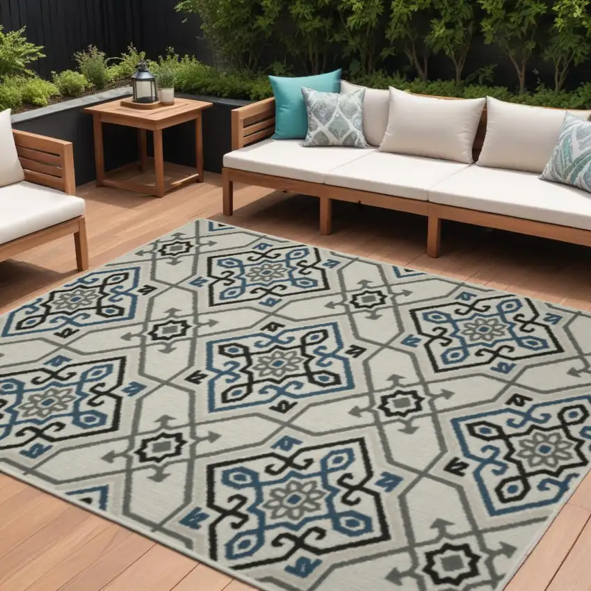 Blue and Beige Oriental Stain Resistant Indoor Outdoor Area Rug Photo 1