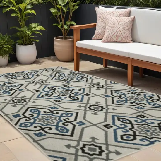 Blue and Beige Oriental Stain Resistant Indoor Outdoor Area Rug Photo 1