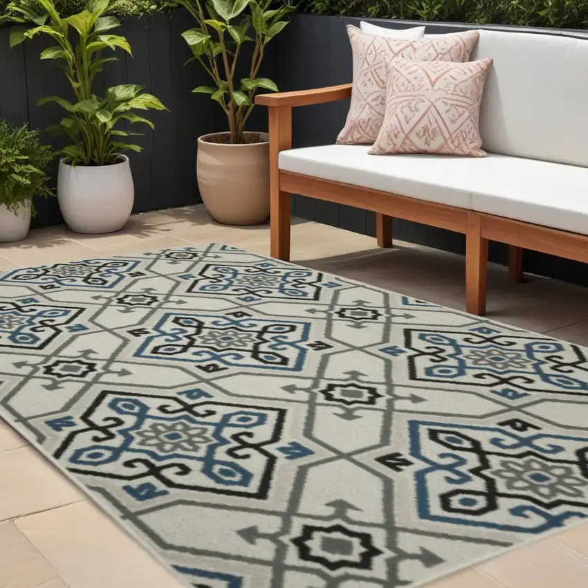 Blue and Beige Oriental Stain Resistant Indoor Outdoor Area Rug Photo 1
