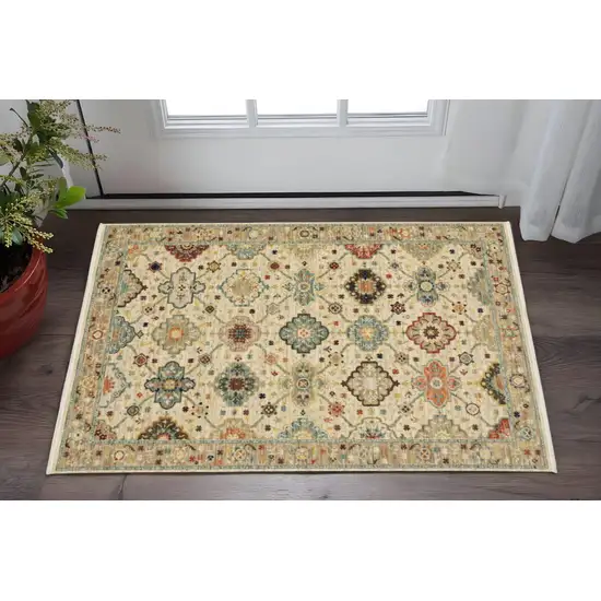 Beige Pale Blue Rust Gold Tan Brown And Orange Oriental Power Loom Stain Resistant Area Rug With Fringe Photo 1