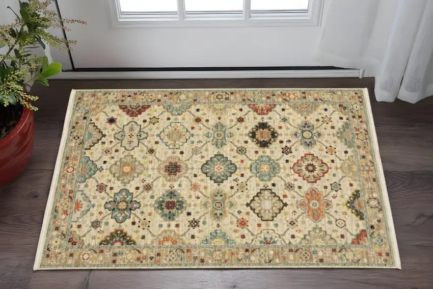 Beige Pale Blue Rust Gold Tan Brown And Orange Oriental Power Loom Stain Resistant Area Rug With Fringe Photo 1