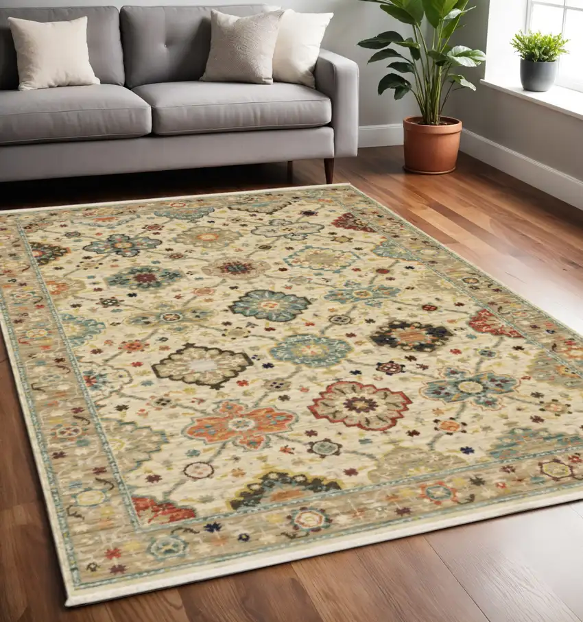 Blue and Beige Oriental Power Loom Area Rug With Fringe Photo 1