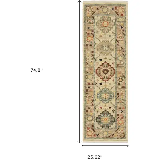 2' X 6' Beige Pale Blue Rust Gold Tan Brown And Orange Oriental Power Loom Stain Resistant Runner Rug With Fringe Photo 3