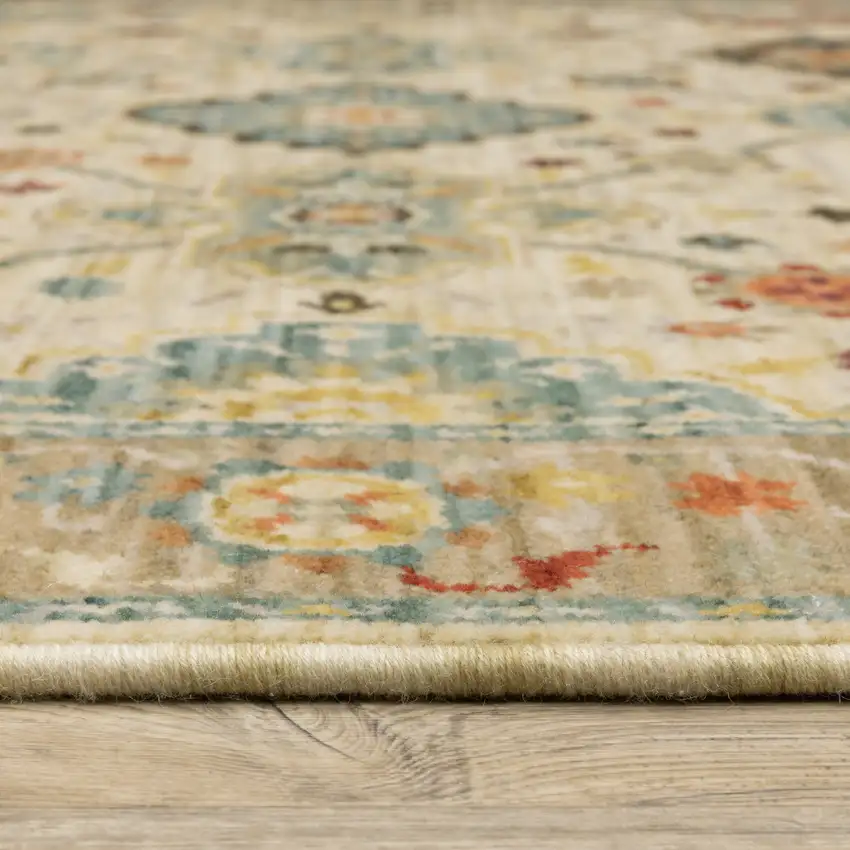 Beige Pale Blue Rust Gold Tan Brown And Orange Oriental Power Loom Stain Resistant Runner Rug With Fringe Photo 3