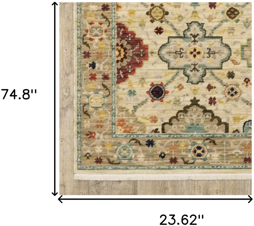 Beige Pale Blue Rust Gold Tan Brown And Orange Oriental Power Loom Stain Resistant Runner Rug With Fringe Photo 10
