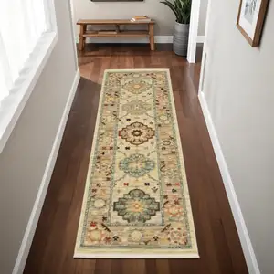 Photo of Beige Pale Blue Rust Gold Tan Brown And Orange Oriental Power Loom Stain Resistant Runner Rug With Fringe