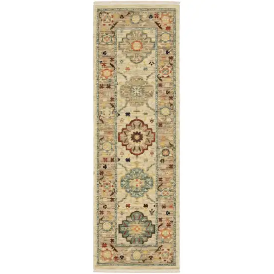2' X 6' Beige Pale Blue Rust Gold Tan Brown And Orange Oriental Power Loom Stain Resistant Runner Rug With Fringe Photo 2