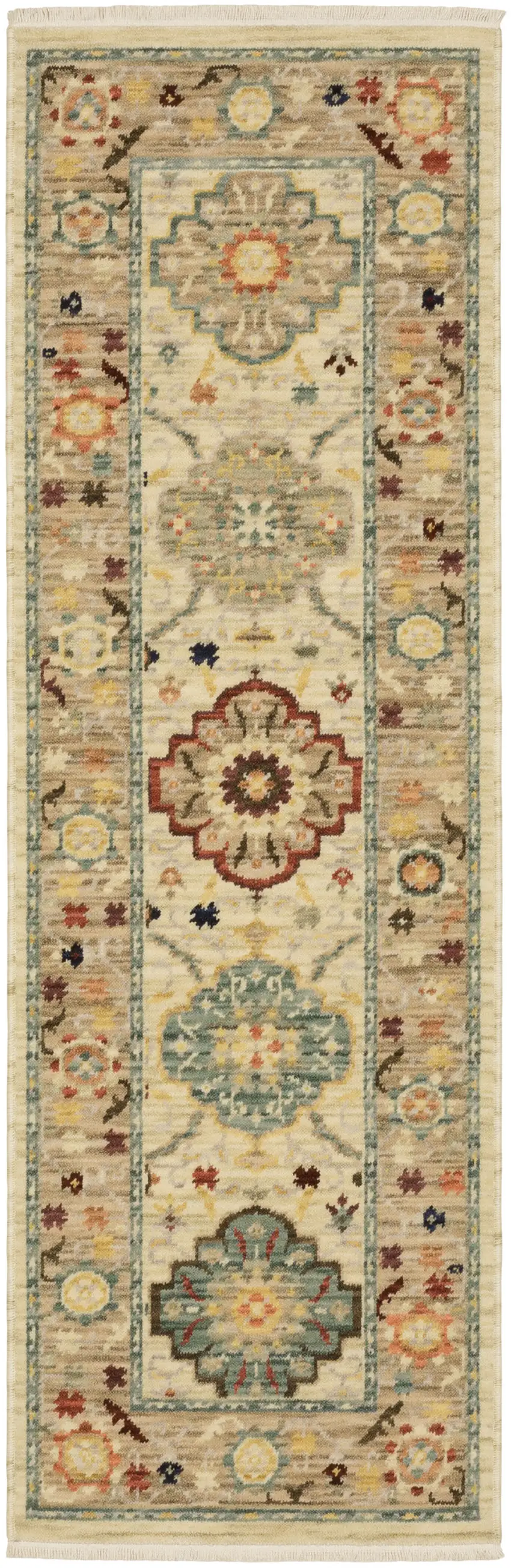 2' X 6' Beige Pale Blue Rust Gold Tan Brown And Orange Oriental Power Loom Stain Resistant Runner Rug With Fringe Photo 2