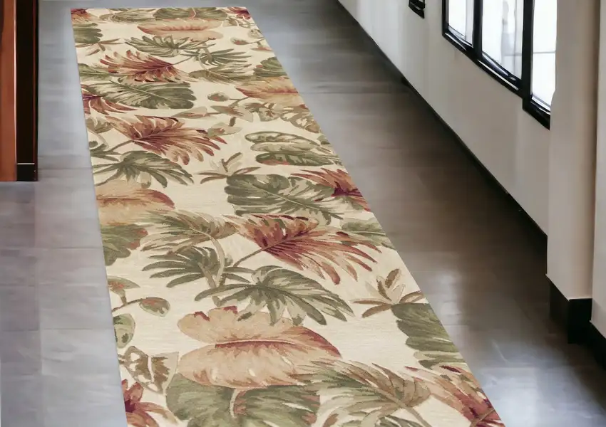 2' X 10' Beige Palm Leaves Wool Indoor Runner Rug Photo 1