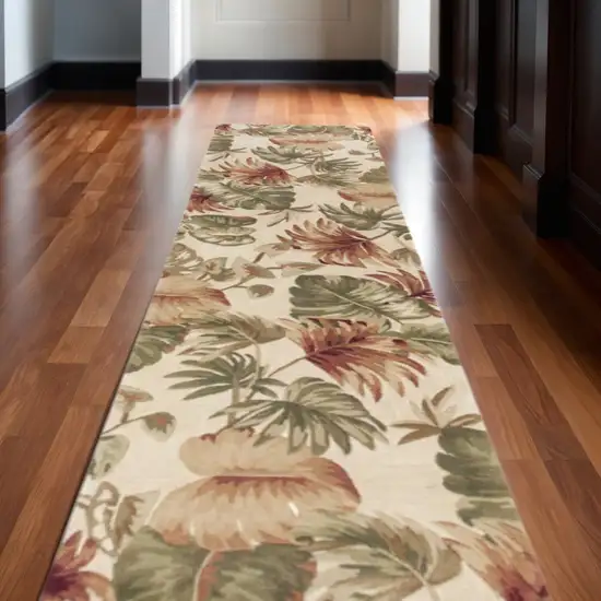 10' Beige Green And Pink Wool Botanical Leaves Hand Tufted Runner Rug Photo 1