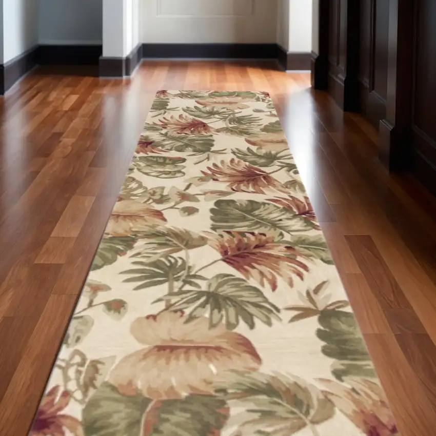 10' Beige Green And Pink Wool Botanical Leaves Hand Tufted Runner Rug Photo 1