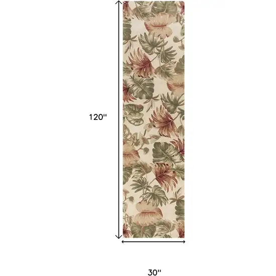 10' Beige Green And Pink Wool Botanical Leaves Hand Tufted Runner Rug Photo 3