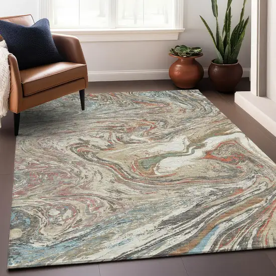 Beige Pink And Blue Abstract Washable Indoor Outdoor Area Rug Photo 9