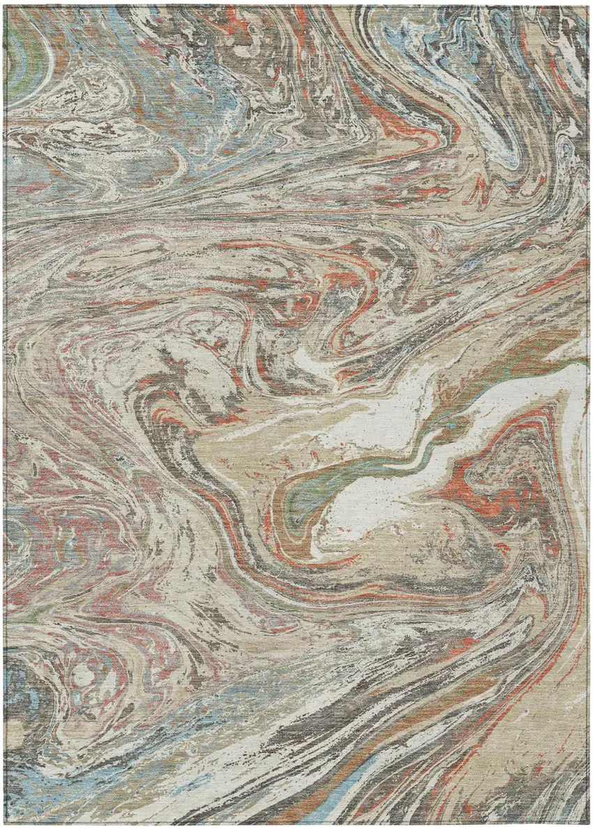 Beige Pink And Blue Abstract Washable Indoor Outdoor Area Rug Photo 2