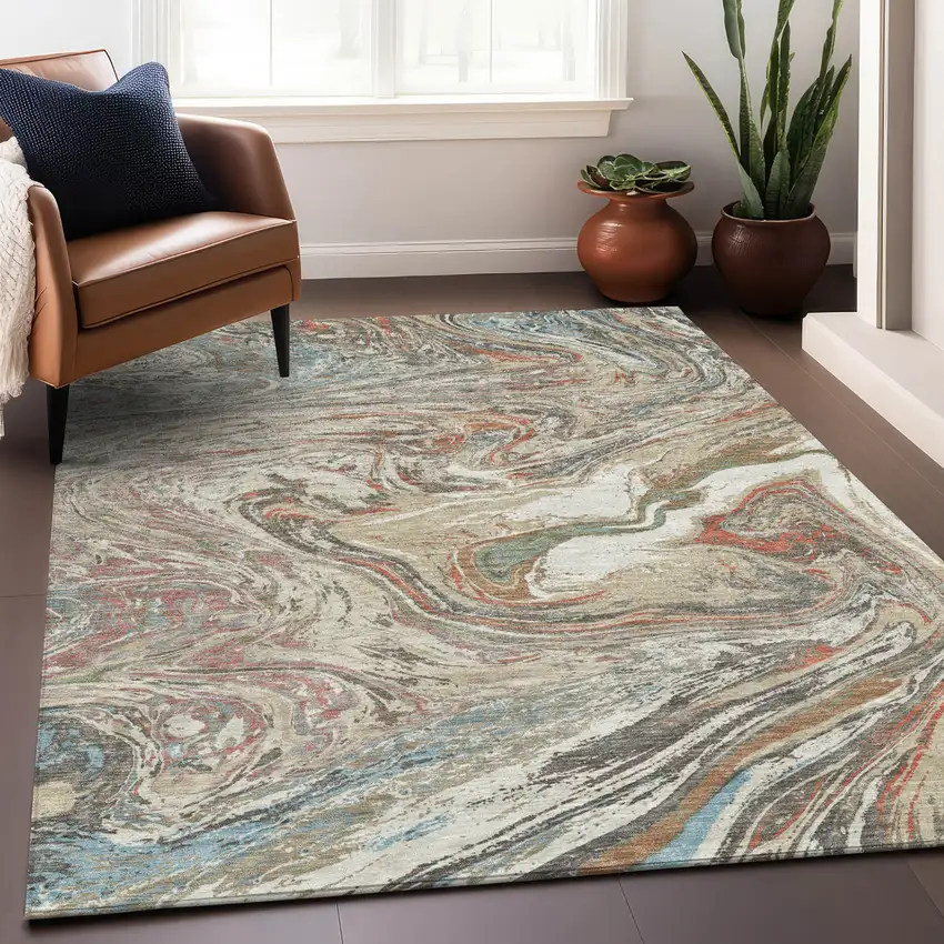 Beige Pink And Blue Abstract Washable Indoor Outdoor Area Rug Photo 9
