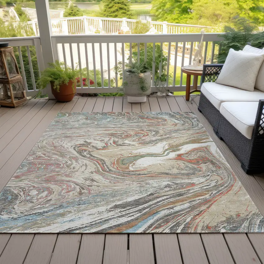 Beige Pink And Blue Abstract Washable Indoor Outdoor Area Rug Photo 8