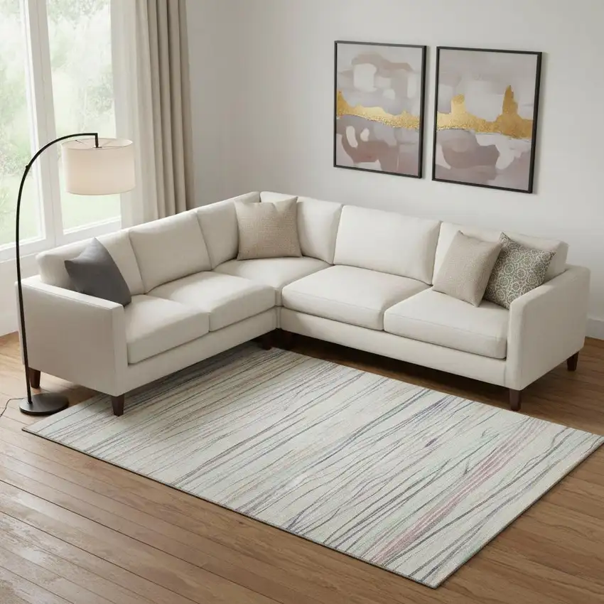 Beige Pink And Purple Striped Washable Area Rug With UV Protection Photo 2