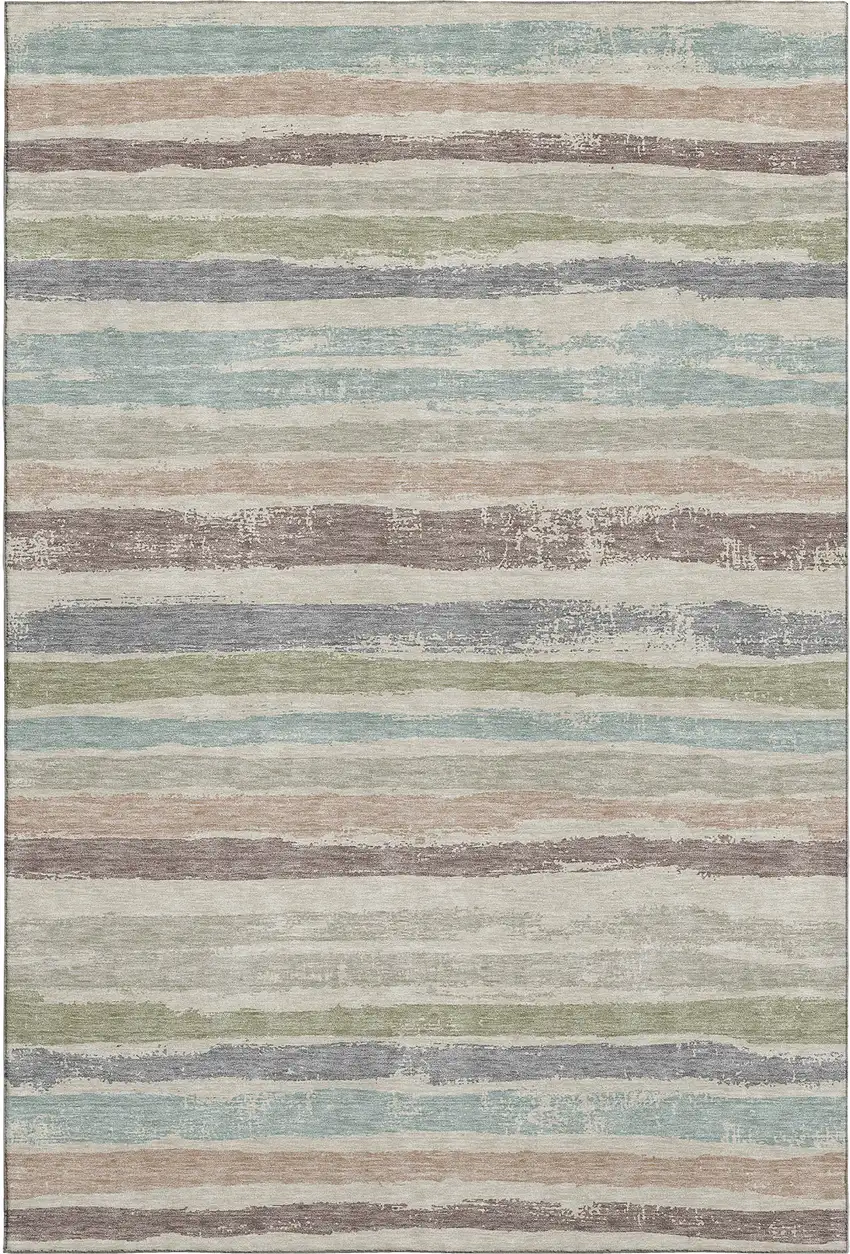 Beige Plum And Ivory Striped Washable Area Rug With UV Protection Photo 1