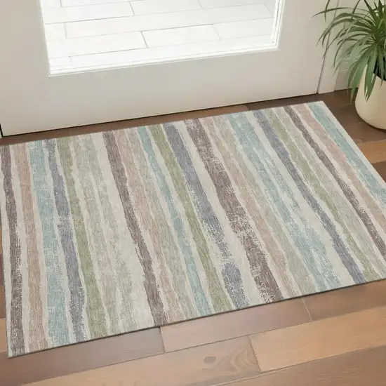 Beige Plum And Ivory Striped Washable Area Rug With UV Protection Photo 1