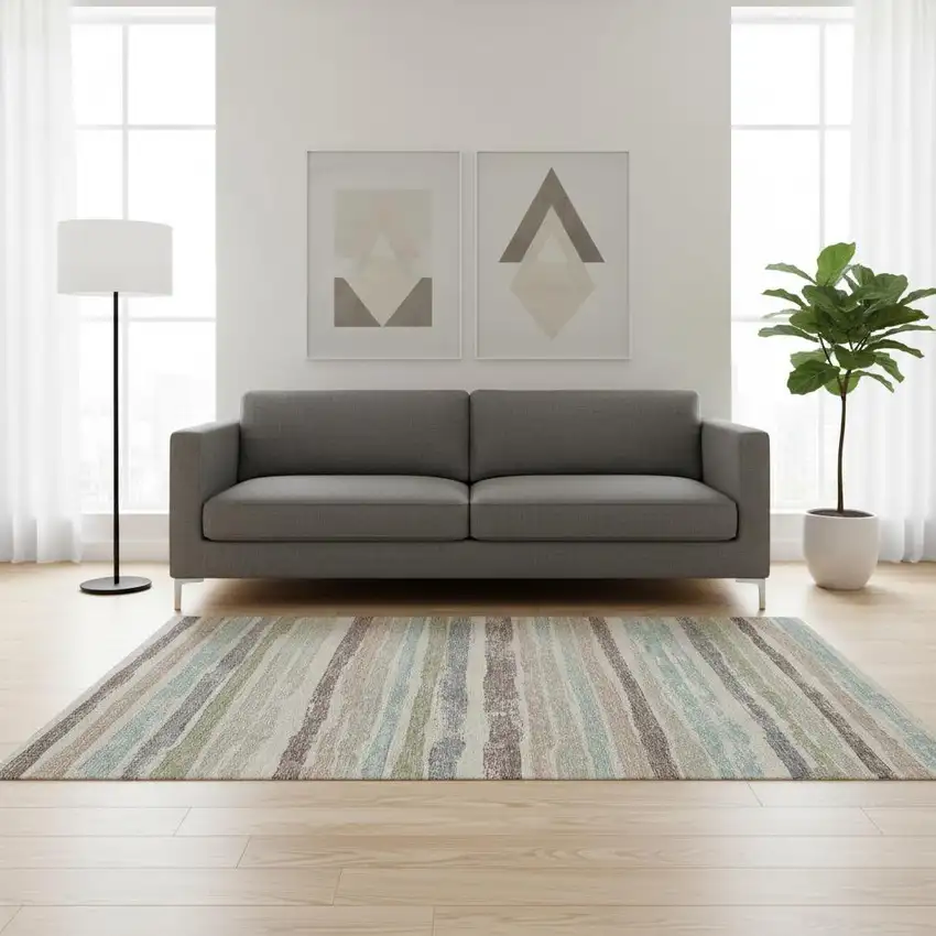 Beige Plum And Ivory Striped Washable Area Rug With UV Protection Photo 2