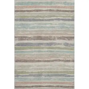 Photo of Beige Plum And Ivory Striped Washable Area Rug With UV Protection
