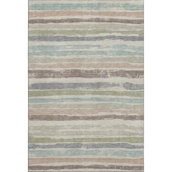Beige Plum And Ivory Striped Washable Area Rug With UV Protection Photo 1