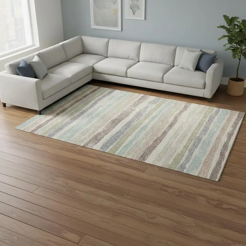 Beige Plum And Ivory Striped Washable Area Rug With UV Protection Photo 2