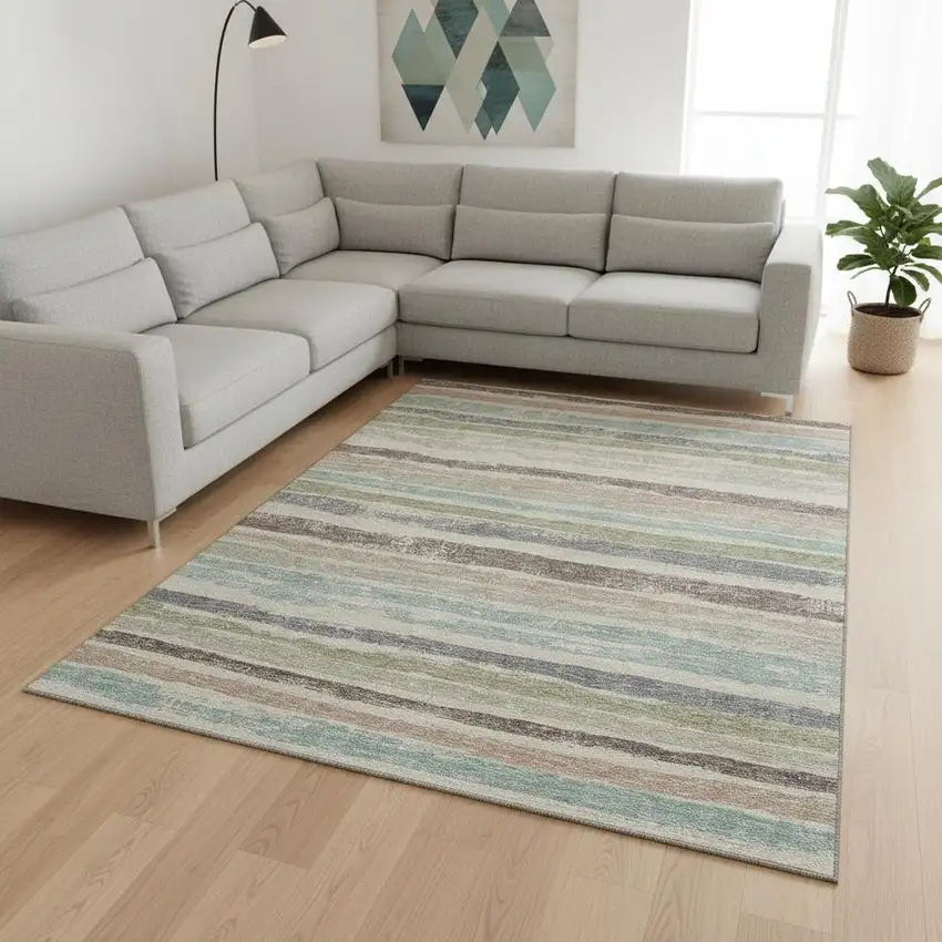 Beige Plum And Ivory Striped Washable Area Rug With UV Protection Photo 2