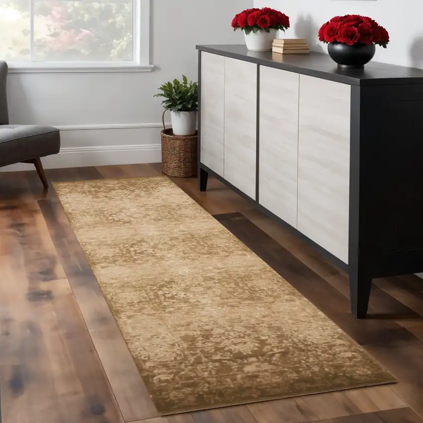 8' Beige And Tan Floral Medallion Runner Rug Photo 1