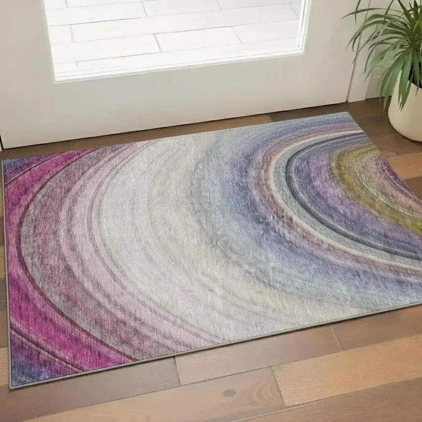 Beige Purple And Blue Ombre Washable Area Rug With UV Protection Photo 1