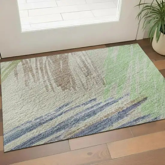 Beige Purple And Mint Green Striped Washable Area Rug With UV Protection Photo 2