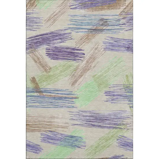 Beige Purple And Mint Green Striped Washable Area Rug With UV Protection Photo 5