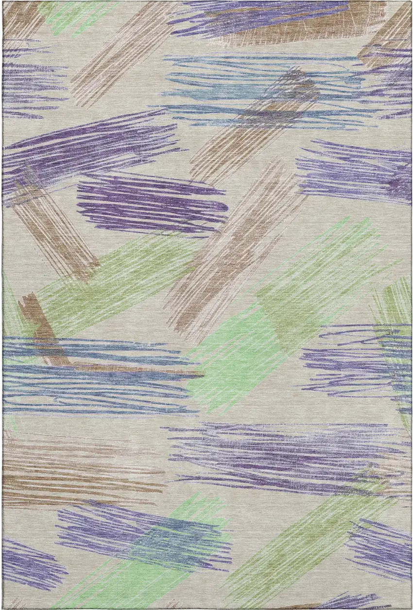 Beige Purple And Mint Green Striped Washable Area Rug With UV Protection Photo 5
