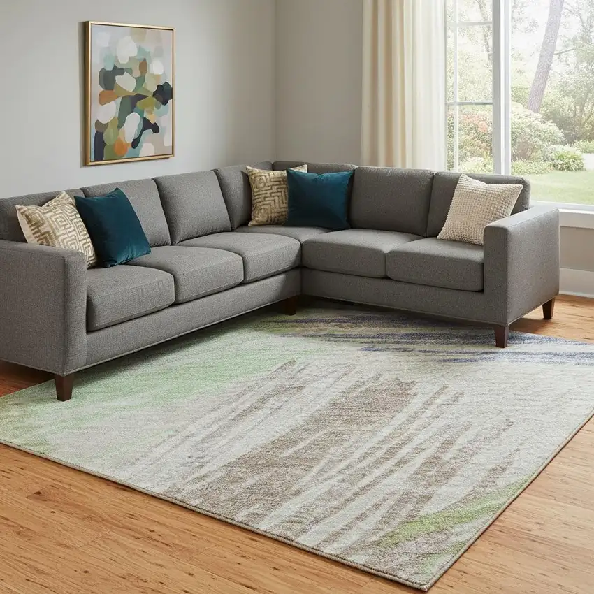 Beige Purple And Mint Green Striped Washable Area Rug With UV Protection Photo 2