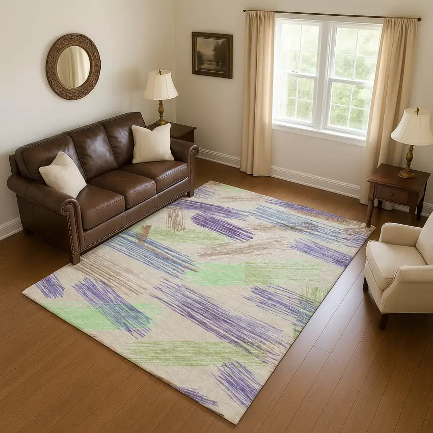 Beige Purple And Mint Green Striped Washable Area Rug With UV Protection Photo 3