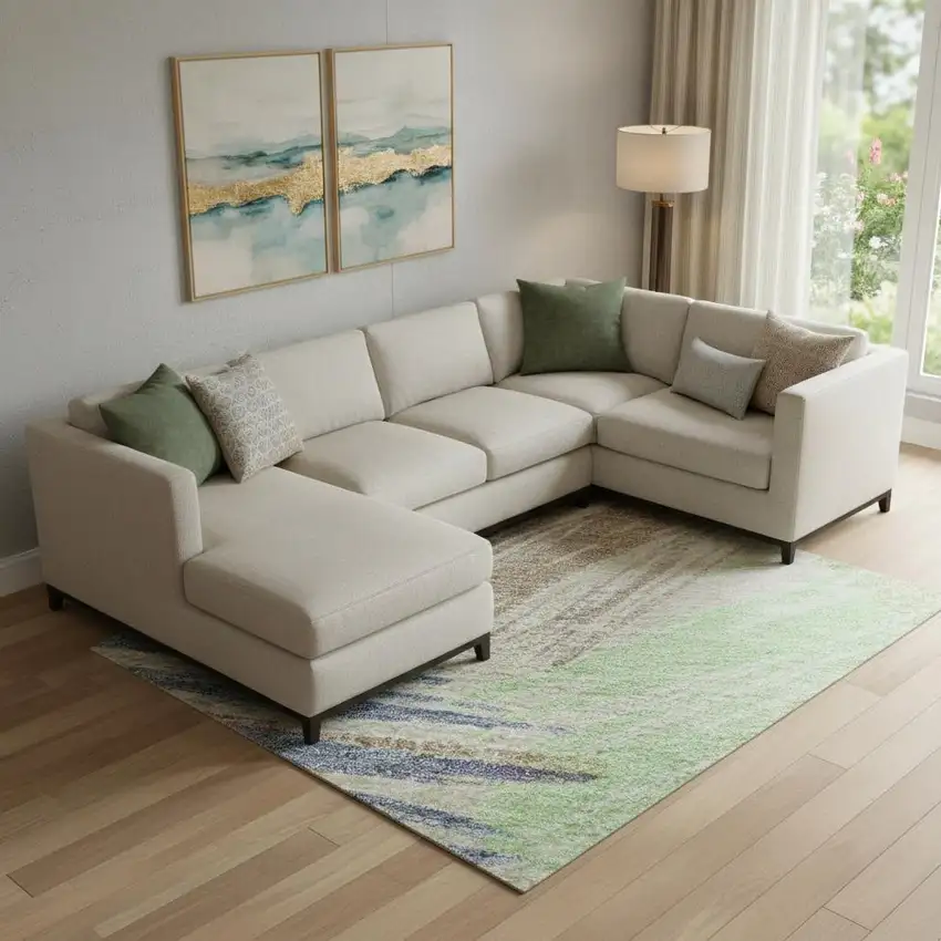 Beige Purple And Mint Green Striped Washable Area Rug With UV Protection Photo 2